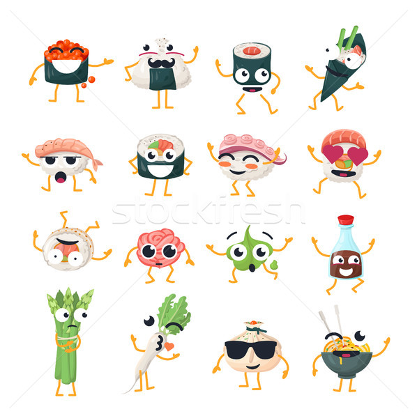 Funny sushi and wok - vector isolated cartoon emoticons Stock photo © Decorwithme