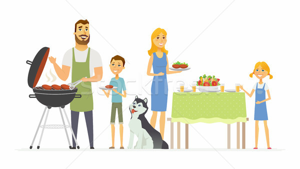 Happy family at the barbecue - modern cartoon people characters illustration Stock photo © Decorwithme