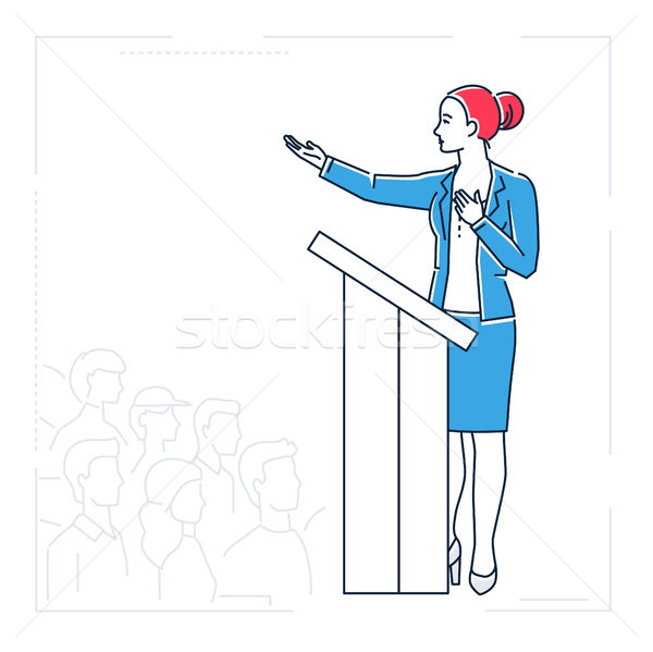Businesswoman speaking from a platform - line design style isolated illustration Stock photo © Decorwithme