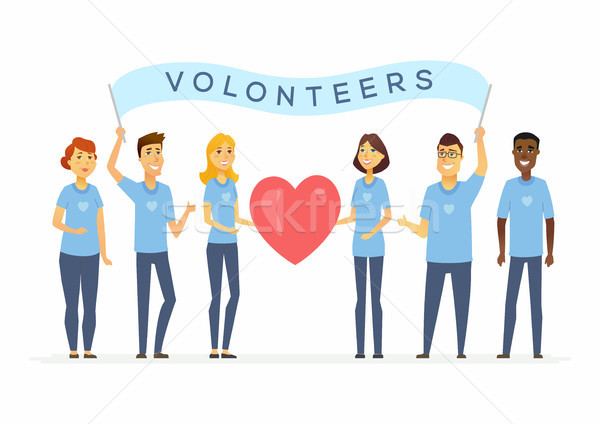 Happy volunteers with a banner - cartoon people characters isolated illustration Stock photo © Decorwithme