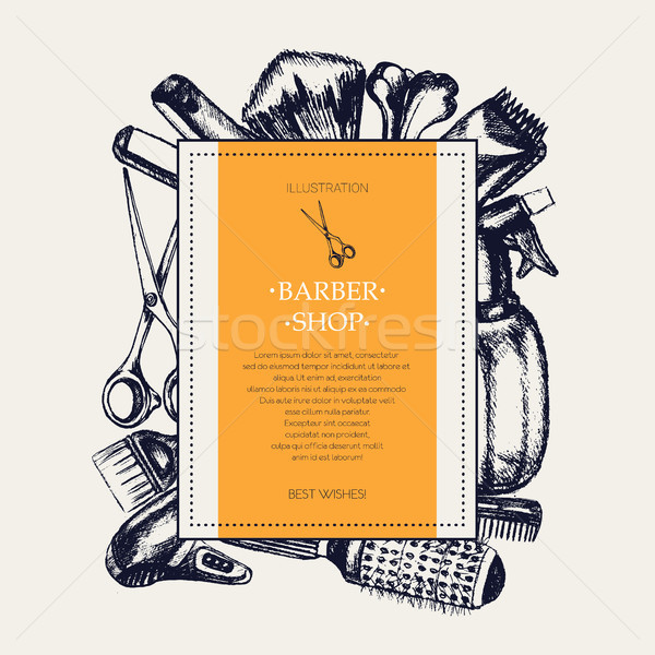 Barber Equipment - vector hand drawn square postcard template Stock photo © Decorwithme