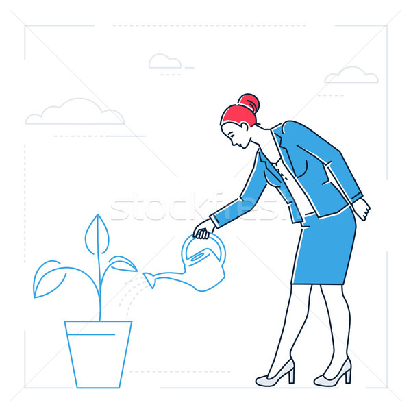 Businesswoman watering the plant - line design style isolated illustration Stock photo © Decorwithme
