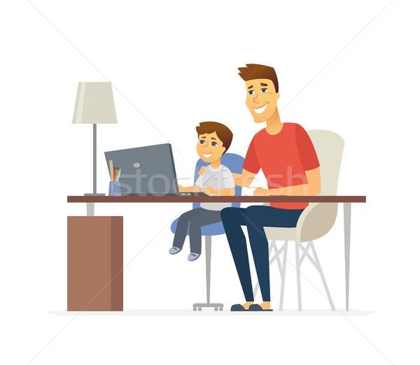Father and son at the laptop - cartoon people characters illustration Stock photo © Decorwithme