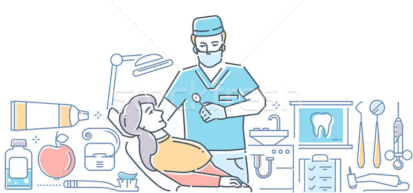 Dentist at work - modern colorful line design style illustration Stock photo © Decorwithme
