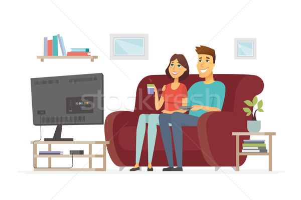 A couple resting in front of TV - cartoon people character isolated illustration Stock photo © Decorwithme