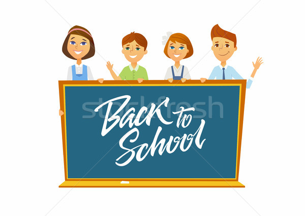 Stock photo: Back to school - characters of happy students with calligraphy lettering