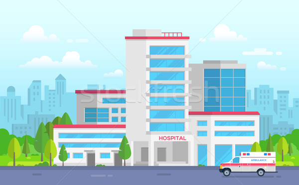 City hospital with ambulance - modern vector illustration Stock photo © Decorwithme