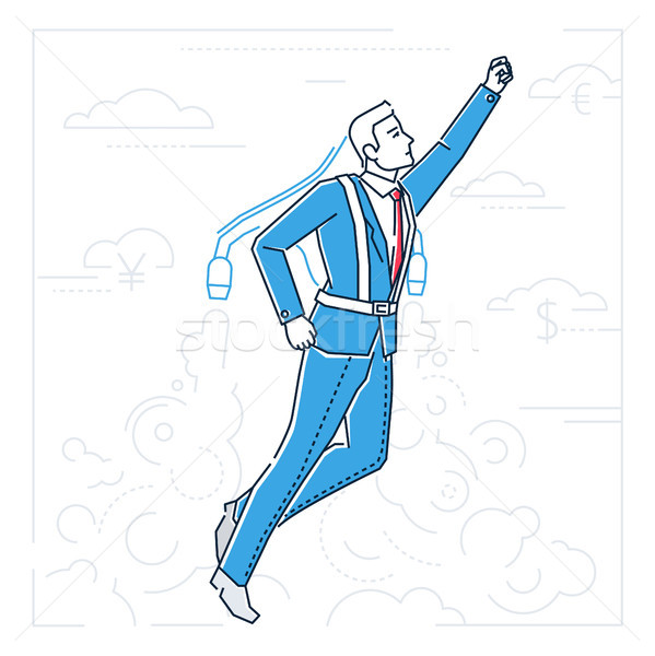 Businessman flying on a jet engine - line design style illustration Stock photo © Decorwithme