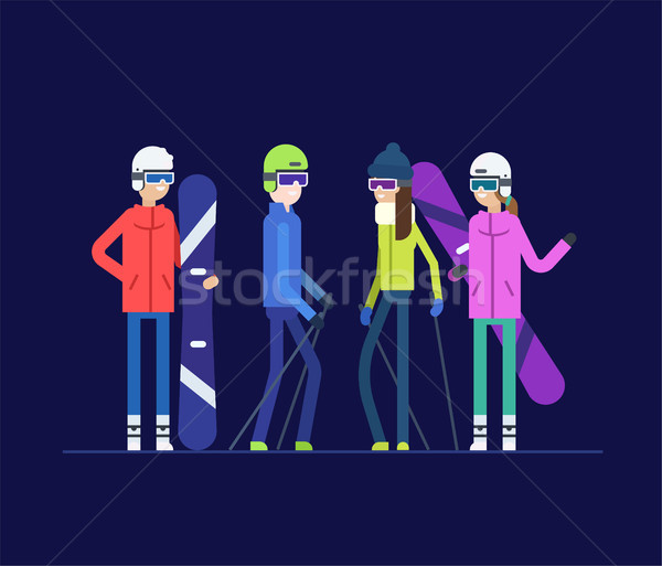 Friends goes snowboarding and skiing - modern flat design style illustration Stock photo © Decorwithme