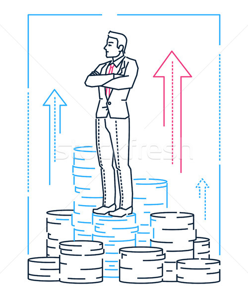 Businessman standing on coins - line design style illustration Stock photo © Decorwithme