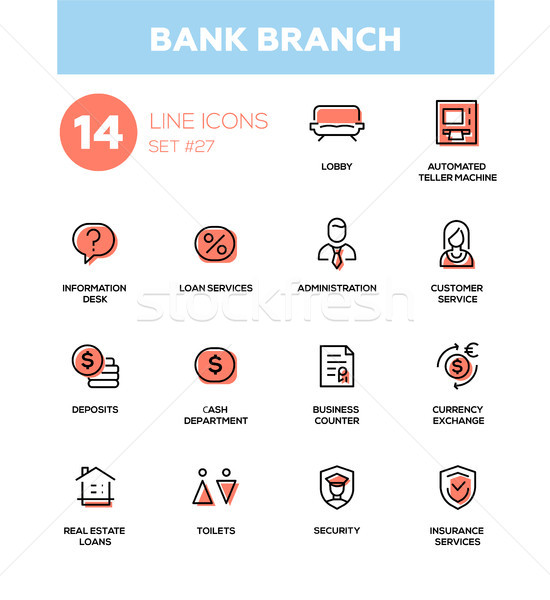 Stock photo: Bank branch - modern vector single line icons set.