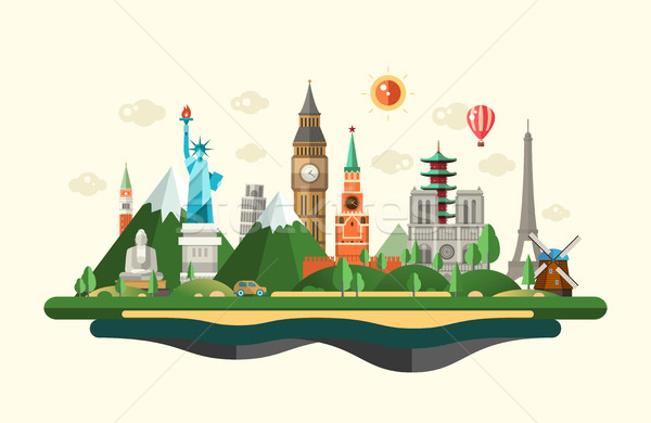 Stock photo: Flat design composition illustration with world famous landmarks 