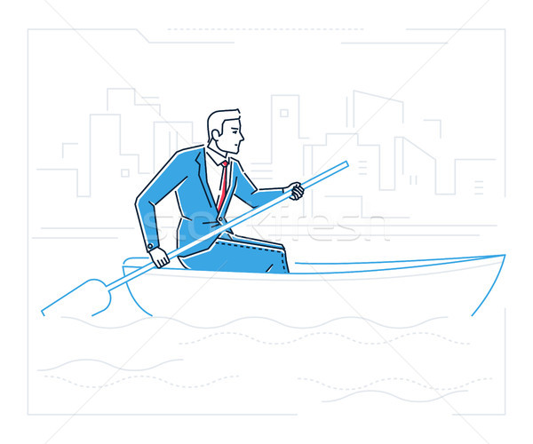 Businessman rowing a boat - line design style illustration Stock photo © Decorwithme