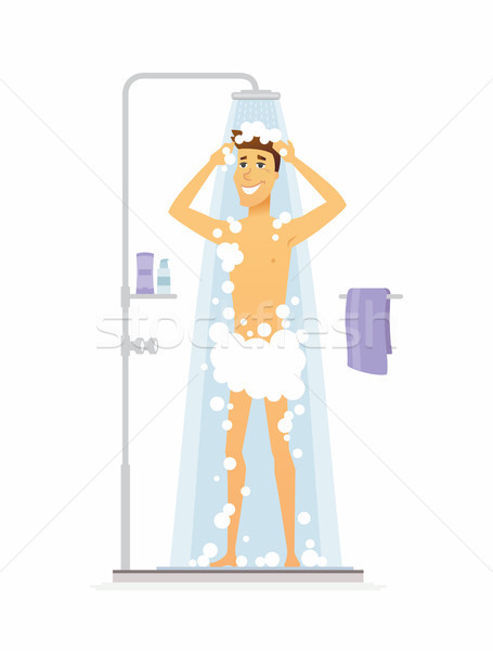 Young man taking a shower - cartoon people character isolated illustration Stock photo © Decorwithme