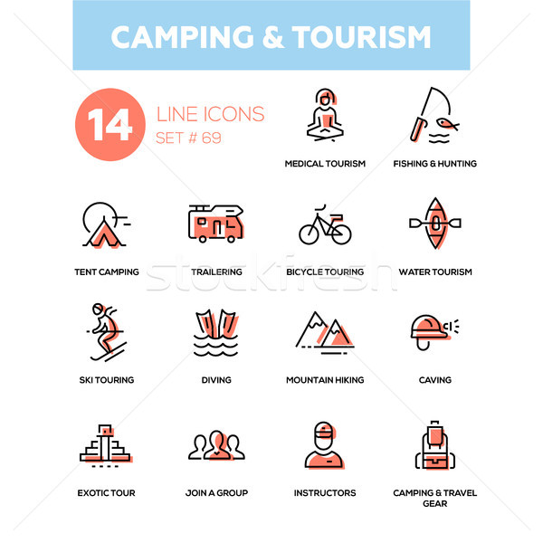 Camping and tourism - line design icons set Stock photo © Decorwithme