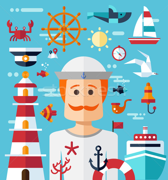 Stock photo: Illustration of vintage flat design modern nautical, marine comp