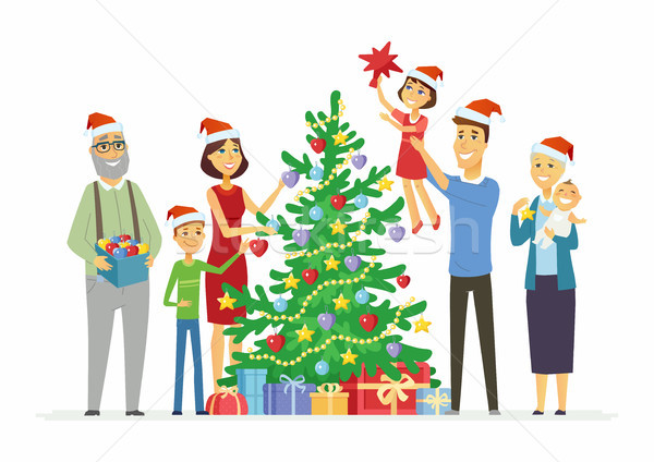 Happy family decorates Christmas tree - cartoon people characters illustration Stock photo © Decorwithme