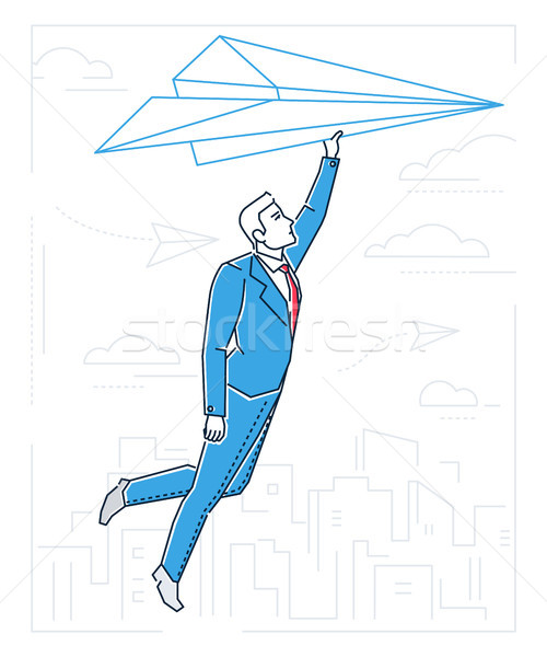 Businessman flying on a paper plane - line design style illustration Stock photo © Decorwithme