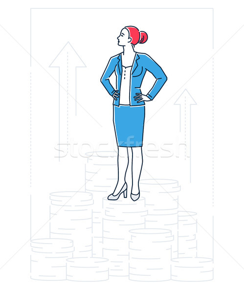 Businesswoman standing on coins - line design style isolated illustration Stock photo © Decorwithme