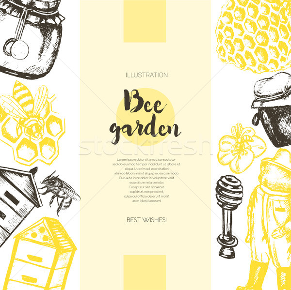 Bee Garden - color drawn vintage banner template. Stock photo © Decorwithme