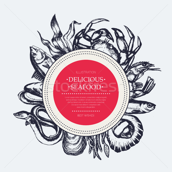 Delicious Seafood - modern drawn round banner template. Stock photo © Decorwithme
