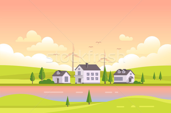 Small houses by the river during sunset - modern vector illustration Stock photo © Decorwithme