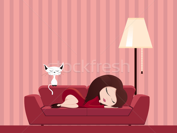 Illustrazione dormire ragazza rosso lampada divano Foto d'archivio © Decorwithme