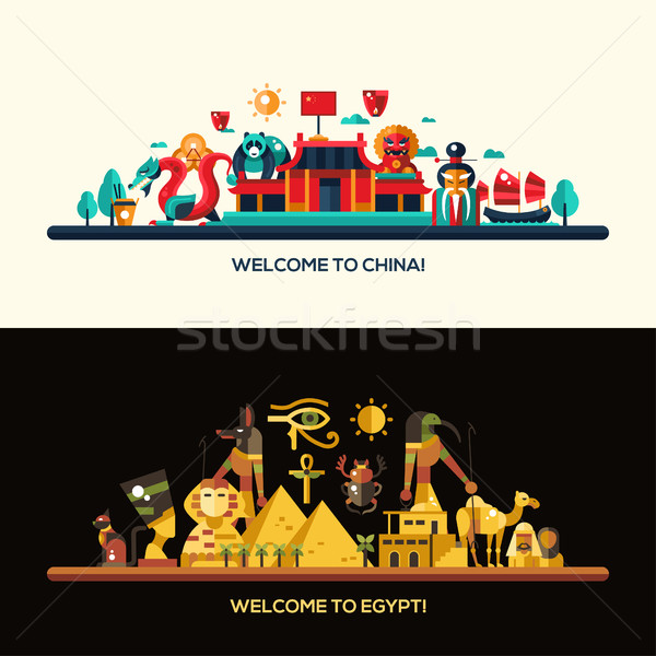 Ontwerp Egypte China reizen banners ingesteld Stockfoto © Decorwithme