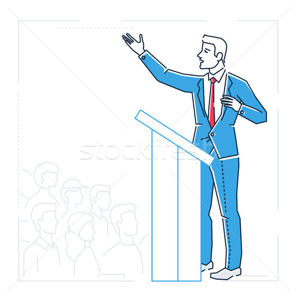 Businessman speaking from a platform - line design style isolated illustration Stock photo © Decorwithme