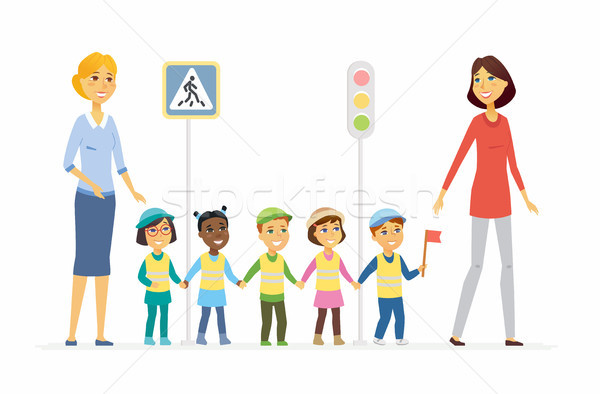 Kindergarten teacher shows road rules - cartoon people characters isolated illustration Stock photo © Decorwithme