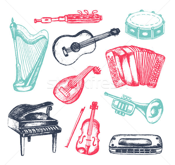 Instrumentos musicales ilustración dibujado a mano vintage color vector Foto stock © Decorwithme