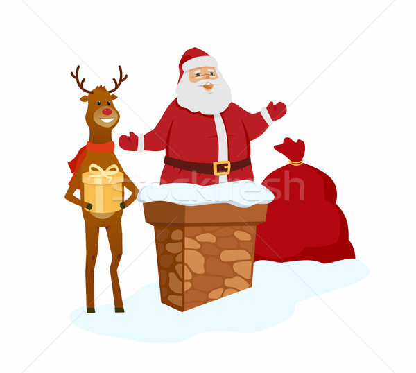 Foto stock: Feliz · papai · noel · rena · isolado · ilustração