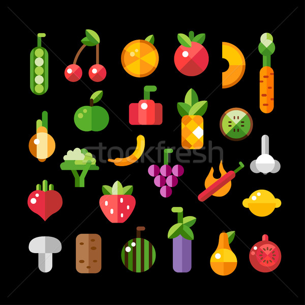 Stock fotó: Szett · terv · gyümölcsök · zöldségek · ikon · szett · vektor