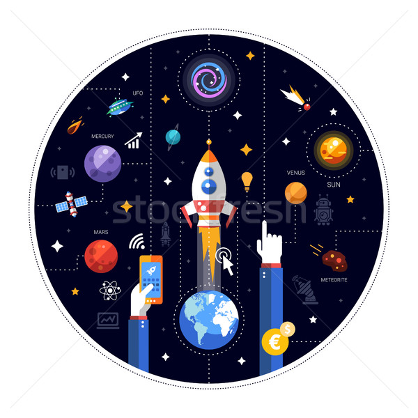 Flat design illustration of rocket launch with Earth,space icons Stock photo © Decorwithme