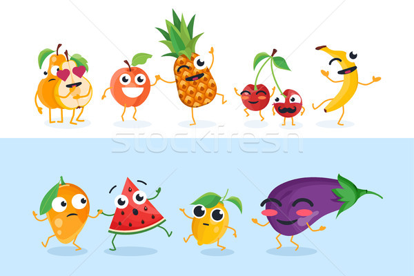 Foto stock: Funny · frutas · establecer · vector · aislado