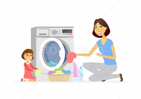 Girl helps mother with washing - cartoon people characters isolated illustration Stock photo © Decorwithme