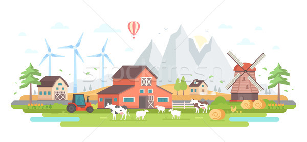 Farm by the mountains - modern flat design style vector illustration Stock photo © Decorwithme