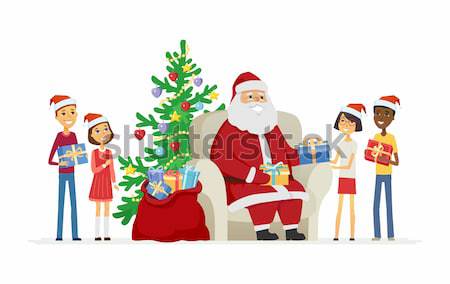 Happy African family open Christmas presents - cartoon people characters illustration Stock photo © Decorwithme