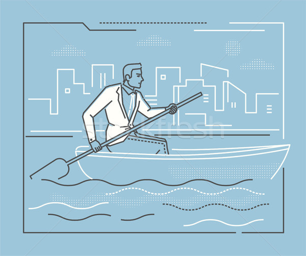 Businessman rowing a boat - line design style illustration Stock photo © Decorwithme