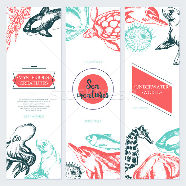 Sea Creatures - color drawn template banner. Stock photo © Decorwithme