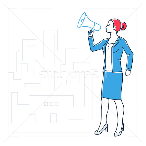 Businesswoman with a megaphone - line design style isolated illustration Stock photo © Decorwithme