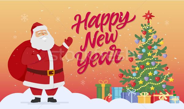 Santa with Christmas tree and presents - modern cartoon characters illustration Stock photo © Decorwithme