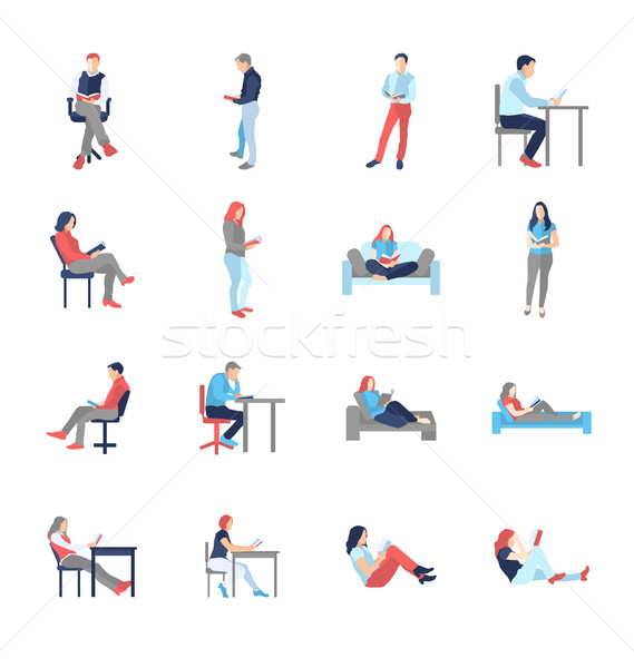 People, male, female, in different casual common reading poses Stock photo © Decorwithme