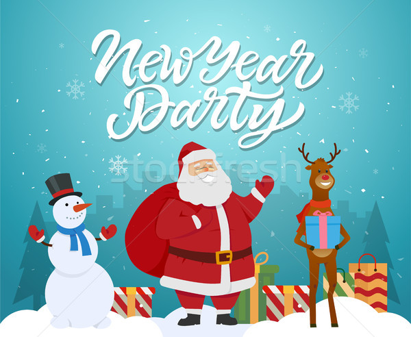 New Year party - cartoon characters illustration with Santa, raindeer, snowman Stock photo © Decorwithme