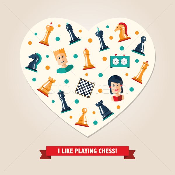 Heart postcard with flat design chess and players icons  Stock photo © Decorwithme