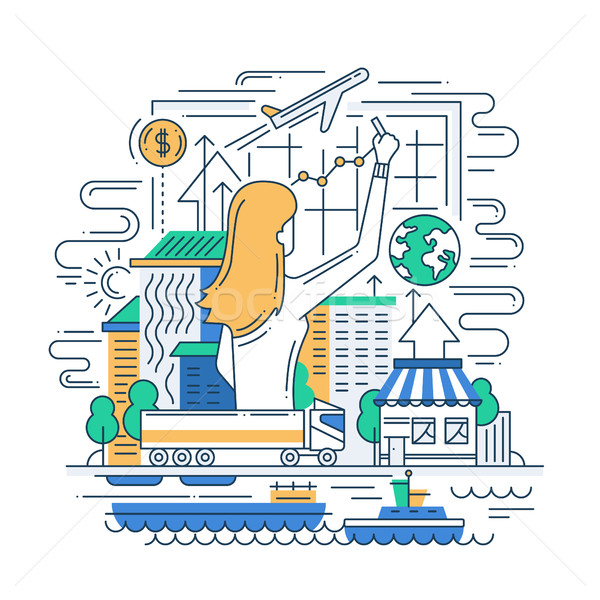 Planning process line flat design banner with woman drawing diagram. Stock photo © Decorwithme