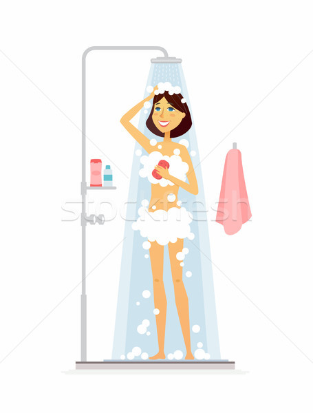 Young woman taking a shower - cartoon people character isolated illustration Stock photo © Decorwithme