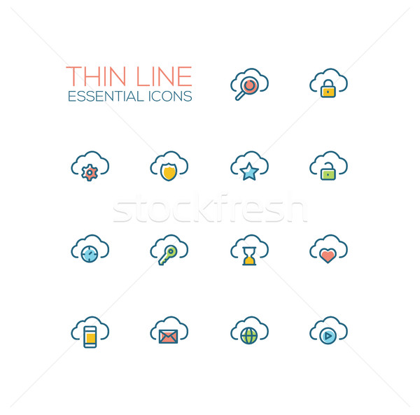 Clouds with Symbols - modern vector single thin line icons set Stock photo © Decorwithme