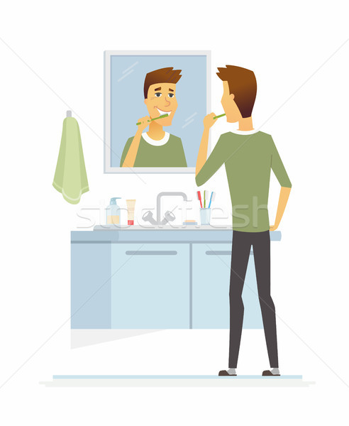 Young man brushing his teeth - cartoon people character isolated illustration Stock photo © Decorwithme