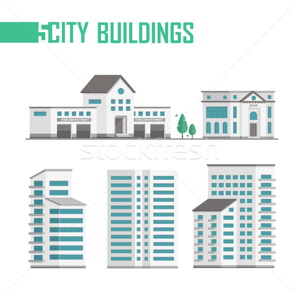 Pięć miasta budynków zestaw ikona odizolowany Zdjęcia stock © Decorwithme